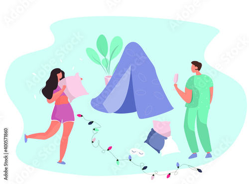 Characters Made Blanket Fortress in Pajamas.Home Hovel.Pajama party.Tent at Home with Pillows and Family.Time at Home During Quarantine.Flat Vector Illustration