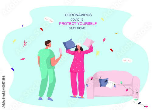 Pillow Fight and Home Hovel.Characters Made Blanket Fortress.Pajama party.Tent at Home with Pillows For Children or Family.Time at Home During Quarantine. Flat Vector Illustration