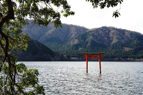 apanese red big torii gate of Kuzuryu Jinja shrine hongu besides Ashino lake at Hakone Kanagawa Japan. photo
