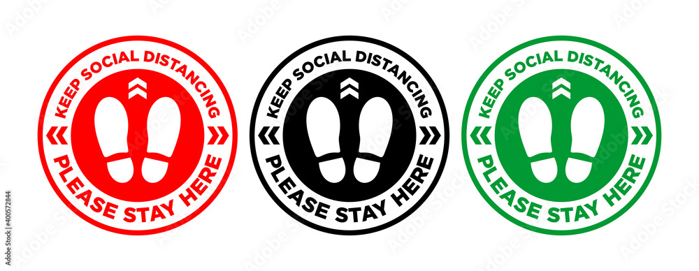 Floor Sticker or print stamp Social Distancing or Stay here for shops, supermarkets and other crowded places. Preventive measure against coronavirus infection(COVID-19). Illustration, vector