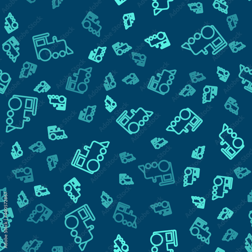 Green line Toy train icon isolated seamless pattern on blue background. Vector. Green line Toy train icon isolated seamless pattern on blue background. Vector.