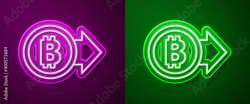 Glowing neon line Cryptocurrency coin Bitcoin icon isolated on purple and green background. Physical bit coin. Blockchain based secure crypto currency. Vector.