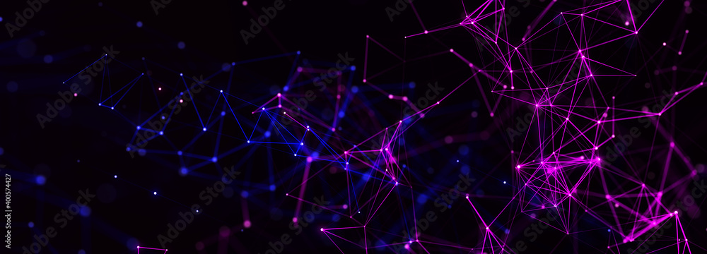 Abstract polygonal space with connecting dots and lines. Dark background. Connection structure. 3d Widescreen