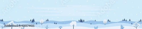 Winter Landscape Background, Pine Snow Trees, Woods. Horizontal banner template with winter landscape snowy background. Vector Illustration.