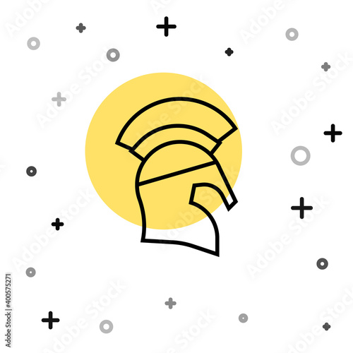 Black line Greek helmet icon isolated on white background. Antiques helmet for head protection soldiers with a crest of feathers or horsehair. Random dynamic shapes. Vector.