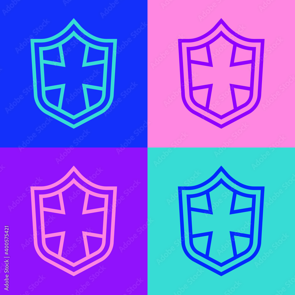 Pop art line Shield icon isolated on color background. Guard sign. Security, safety, protection, privacy concept. Vector. Pop art line Shield icon isolated on color background. Guard sign. Security, safety, protection, privacy concept. Vector.