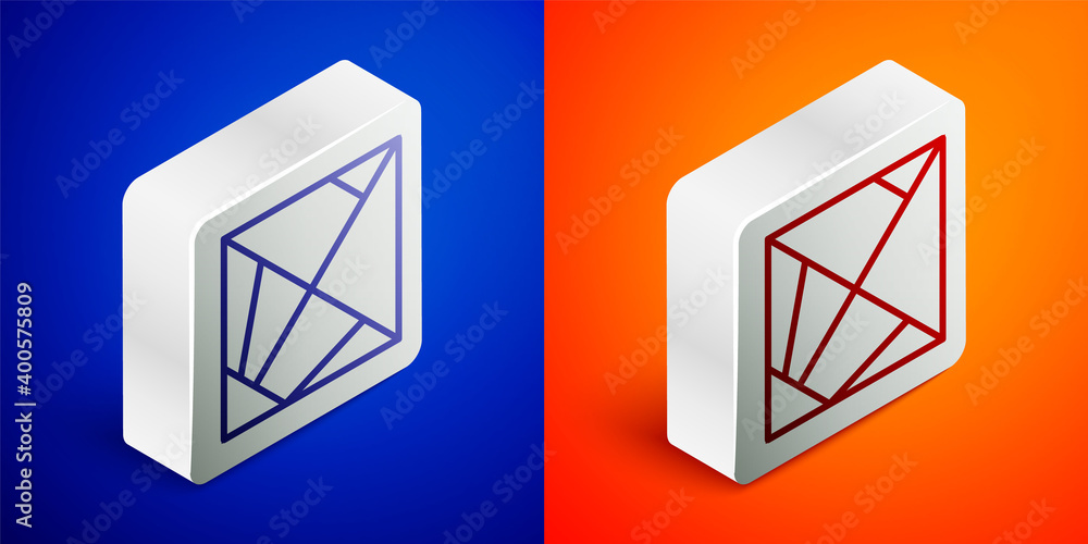 Isometric line Rubik cube icon isolated on blue and orange background. Mechanical puzzle toy. Rubik's cube 3d combination puzzle. Silver square button. Vector. Isometric line Rubik cube icon isolated on blue and orange background. Mechanical puzzle toy. Rubik's cube 3d combination puzzle. Silver square button. Vector.