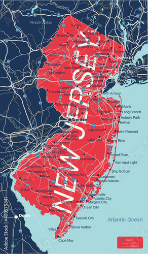 New Jersey state detailed editable map with cities and towns, geographic sites, roads, railways, interstates and U.S. highways. Vector EPS-10 file, trending color scheme