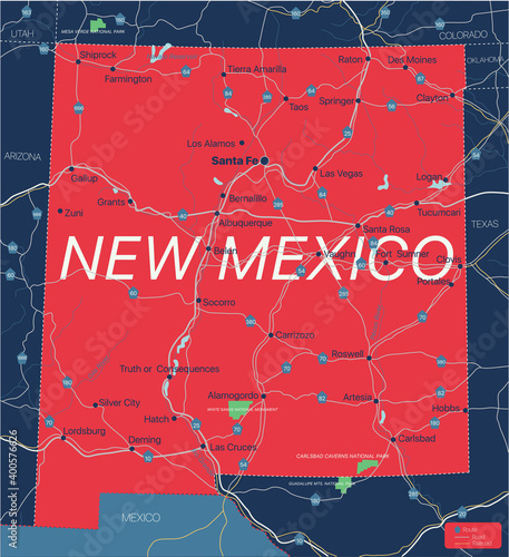 New Mexico state detailed editable map with cities and towns, geographic sites, roads, railways, interstates and U.S. highways. Vector EPS-10 file, trending color scheme