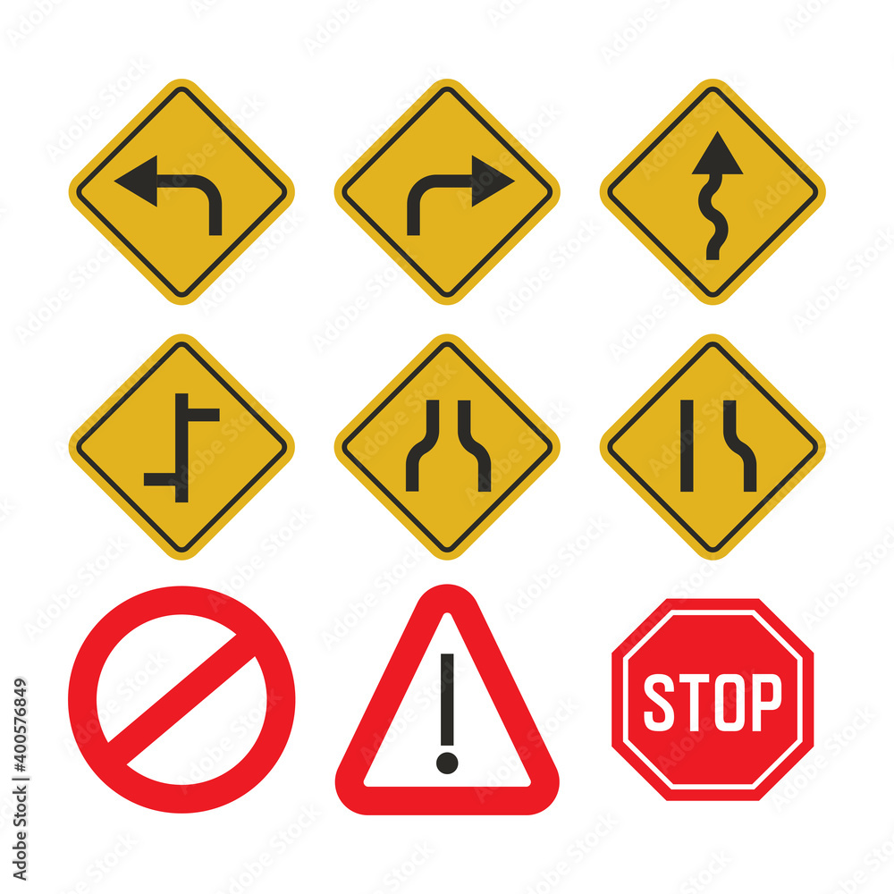 Road traffic signs set in yellow and red. Car direction on the road icons vector illustration way signpost Road traffic signs set in yellow and red. Car direction on the road icons vector illustration way signpost