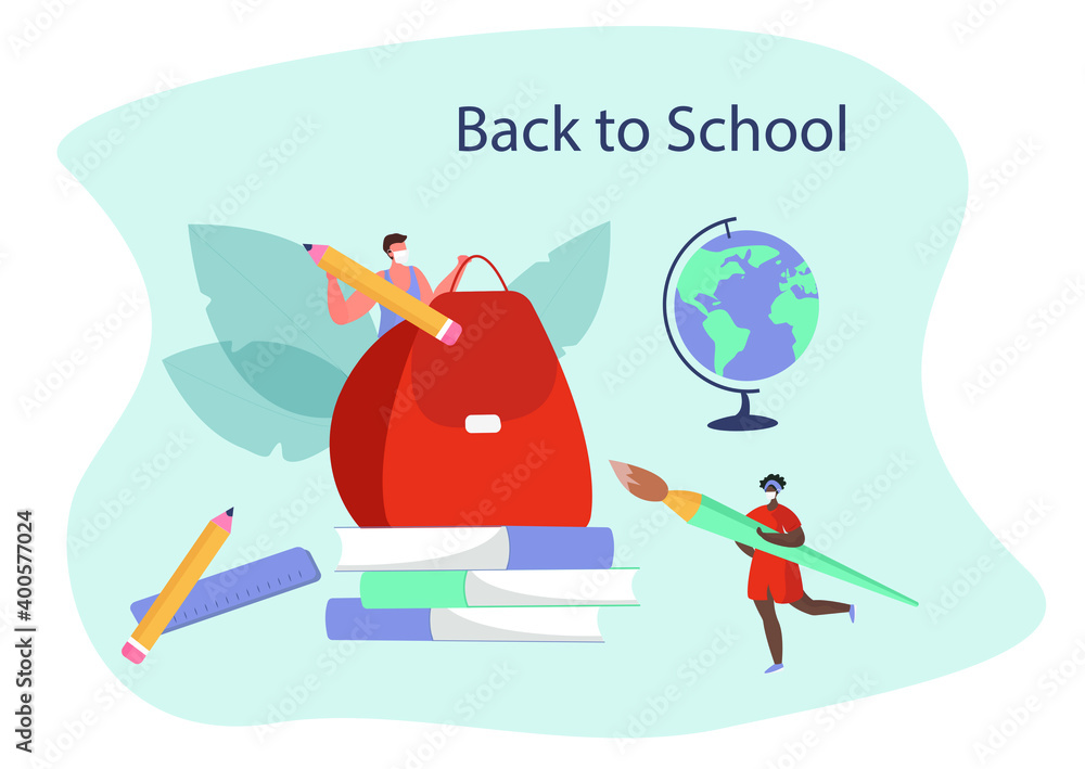 Back to School Concept during Quarantine.Huge Backpack,Pencil,Book and Brush.Studying Supplies.Education in Covid19 Pandemic.Social Distancing Protect Coronavirus.Flat Vector Illustration Back to School Concept during Quarantine.Huge Backpack,Pencil,Book and Brush.Studying Supplies.Education in Covid19 Pandemic.Social Distancing Protect Coronavirus.Flat Vector Illustration
