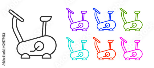 Black line Stationary bicycle icon isolated on white background. Exercise bike. Set icons colorful. Vector.