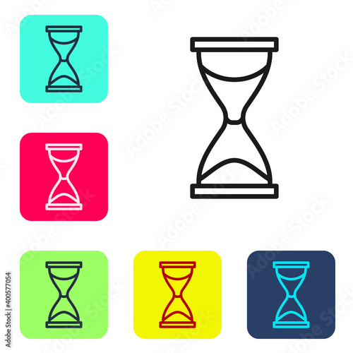 Black line Old hourglass with flowing sand icon isolated on white background. Sand clock sign. Business and time management concept. Set icons in color square buttons. Vector.