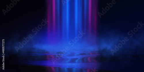Show empty stage background. Dark abstract background. Reflection of neon light on the water. Beach party. Smoke, fog. 3d illustration