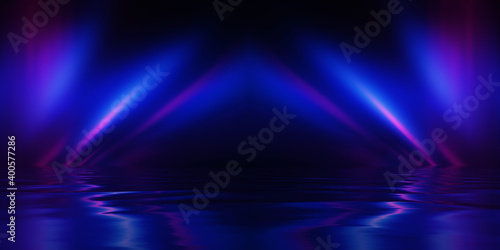 Show empty stage background. Dark abstract background. Reflection of neon light on the water. Beach party. Smoke, fog. 3d illustration