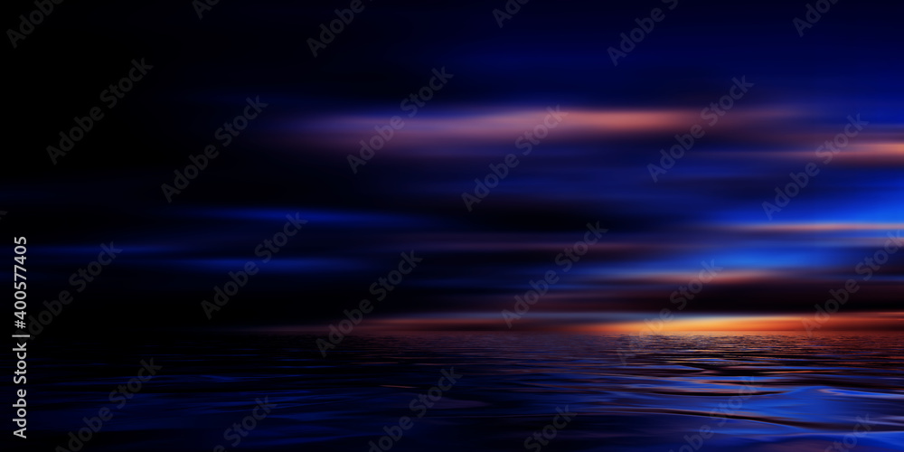 Empty scene background. Dark sky, reflection of the moon on the water. Empty nature background at night. 3d illustration
