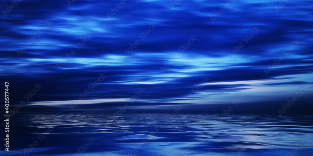 Empty scene background. Dark sky, reflection of the moon on the water. Empty nature background at night. 3d illustration