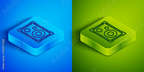 Isometric line Stereo speaker icon isolated on blue and green background. Sound system speakers. Music icon. Musical column speaker bass equipment. Square button. Vector.