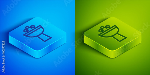 Isometric line Washbasin with water tap icon isolated on blue and green background. Square button. Vector.