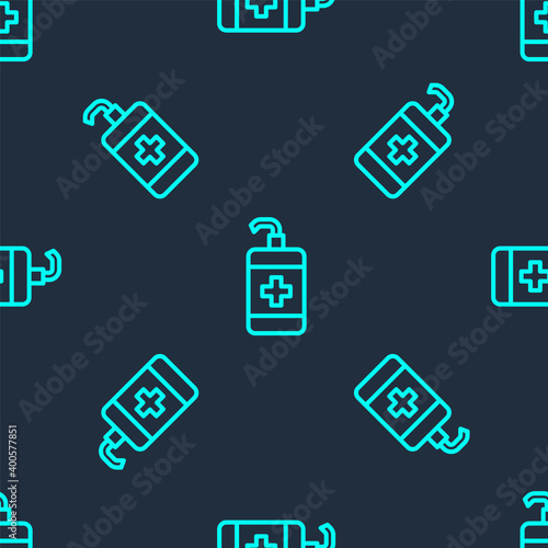 Green line Hand sanitizer bottle icon isolated seamless pattern on blue background. Disinfection concept. Washing gel. Alcohol bottle for hygiene. Vector.