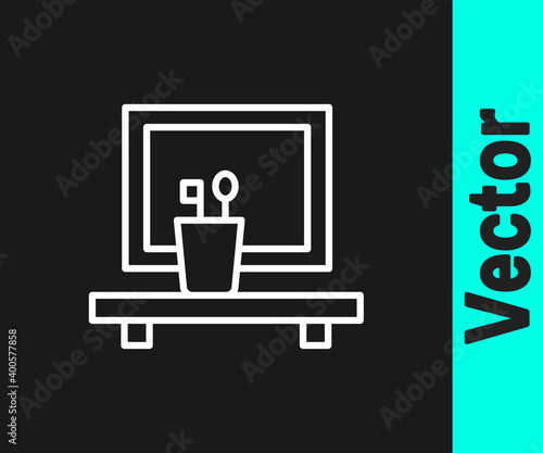 White line Washbasin mirror icon isolated on black background. Bathroom interior with a mirror. Vector.