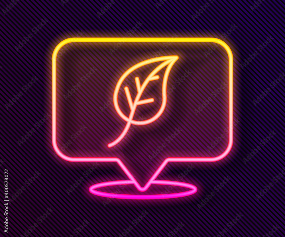 Glowing neon line Location with leaf icon isolated on black background. Eco energy concept. Alternative energy concept. Vector. Glowing neon line Location with leaf icon isolated on black background. Eco energy concept. Alternative energy concept. Vector.