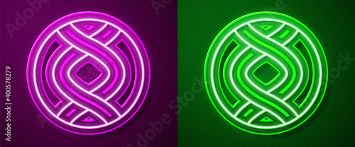 Glowing neon line DNA symbol icon isolated on purple and green background. Genetic engineering, genetics testing, cloning, paternity testing. Vector.