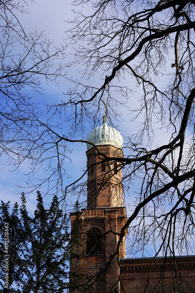 St. Peter und Paul Kirche auf Nikolskoe im Winter hinter kahlen Bäumen bei Sonnenschein