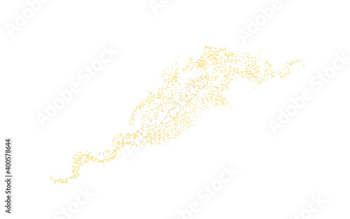 Horizontal wavy strip sprinkled with crumbs golden texture. Background Gold dust on a white background. Sand particles grain or sand. Vector backdrop golden path pieces grunge for design illustration