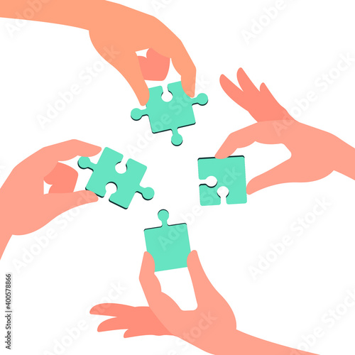 Four hands put together a puzzle. Concept: teamwork, strategy, idea, collective intelligence. Vector illustration, flat cartoon color design, isolated on white background, eps 10.