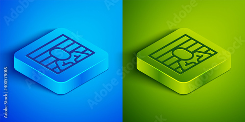 Isometric line Prisoner icon isolated on blue and green background. Square button. Vector.