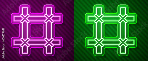 Glowing neon line Prison window icon isolated on purple and green background. Vector.