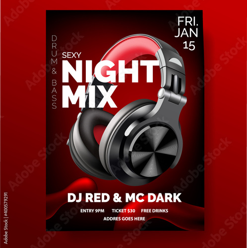 Club poster with headphones, dance party, fluid design flyer, invitation, banner template, dj music event, black and dark red headphones, vector illustration.