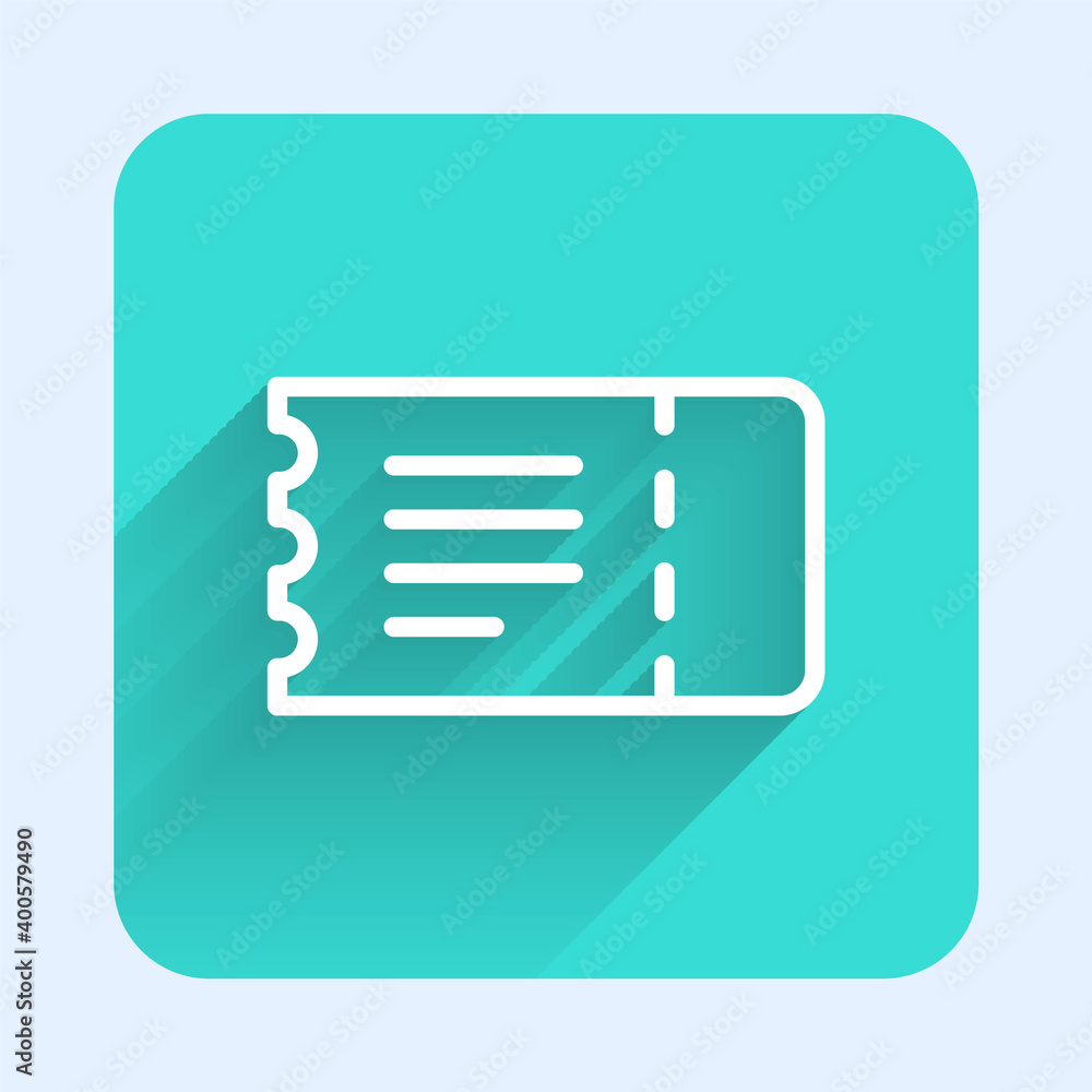 White line Train ticket icon isolated with long shadow. Travel by railway. Green square button. Vector. White line Train ticket icon isolated with long shadow. Travel by railway. Green square button. Vector.
