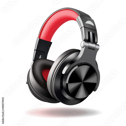 Black and red headphones isolated on white background, realistic vector. Club poster with headphones, dance party flyer, dj event, music album cover, vector illustration.