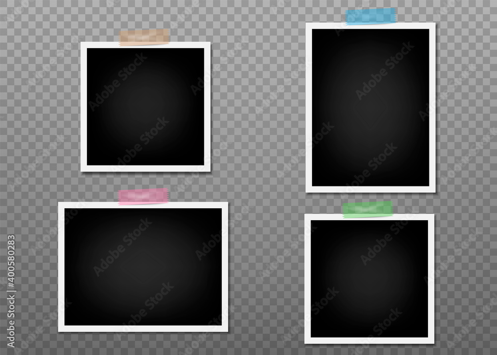 Collection of blank photo frames with adhesive tape, different shadow effects and empty space for your photograph and picture. Vector illustration isolated on white background. Collection of blank photo frames with adhesive tape, different shadow effects and empty space for your photograph and picture. Vector illustration isolated on white background.