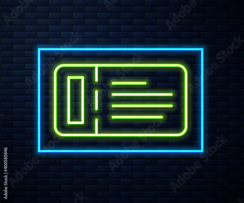 Glowing neon line Cruise ticket for traveling by ship icon isolated on brick wall background. Travel by Cruise liner. Cruises to Paradise. Vector.
