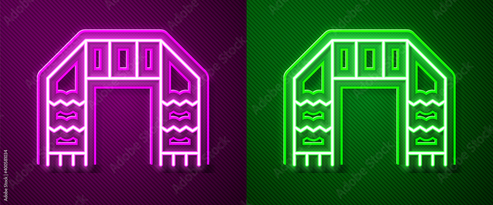 Glowing neon line Winter scarf icon isolated on purple and green background. Vector.