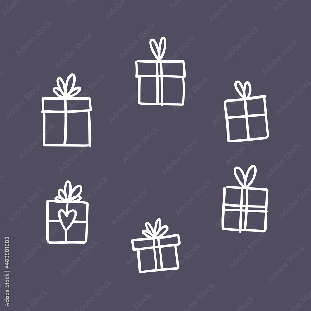 Hand drawn gifts collection. Present box with ribbons. Doodle illustrations. Christmas gift symbols. Hand drawn gifts collection. Present box with ribbons. Doodle illustrations. Christmas gift symbols.