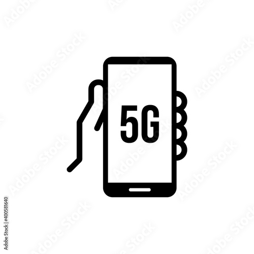 Hand holding mobile phone with 5g symbol on the screen. Vector icon. Connectivity and communication symbol.