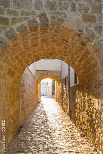 Sunset and stone arches  and old walls in Nicosia of Cyprus