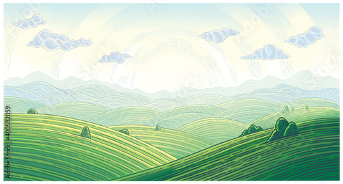 Summer landscape with hills,  mountains and sunrise over horizon, vector illustration.