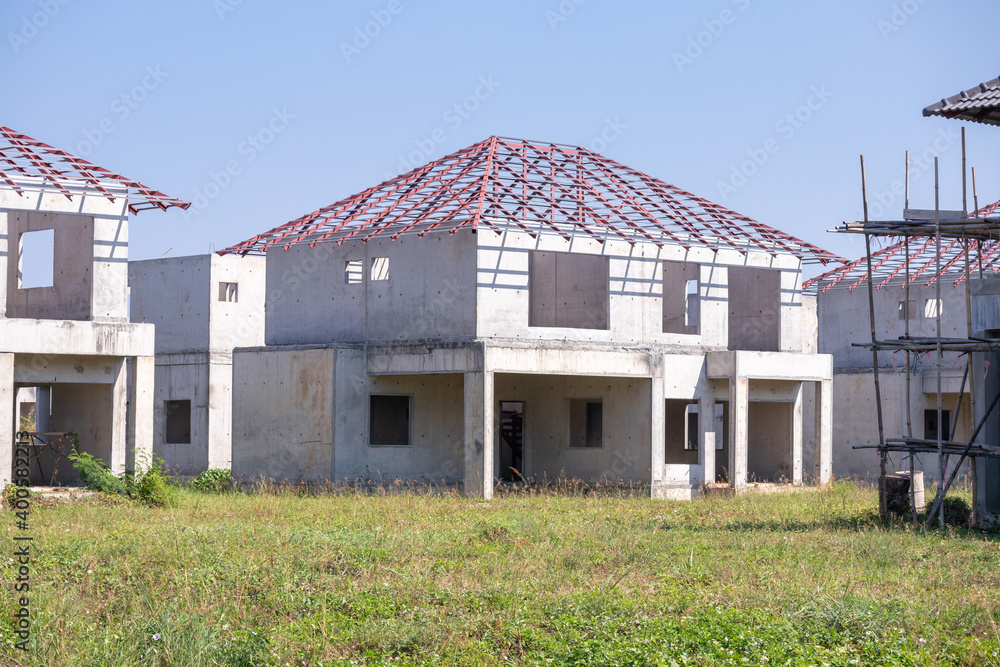 construction residential new house from prefabrication system in progress at building site construction residential new house from prefabrication system in progress at building site