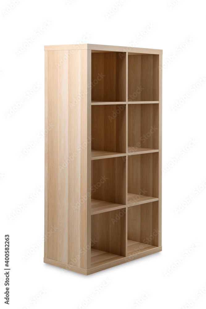 Empty wooden shelving unit isolated on white