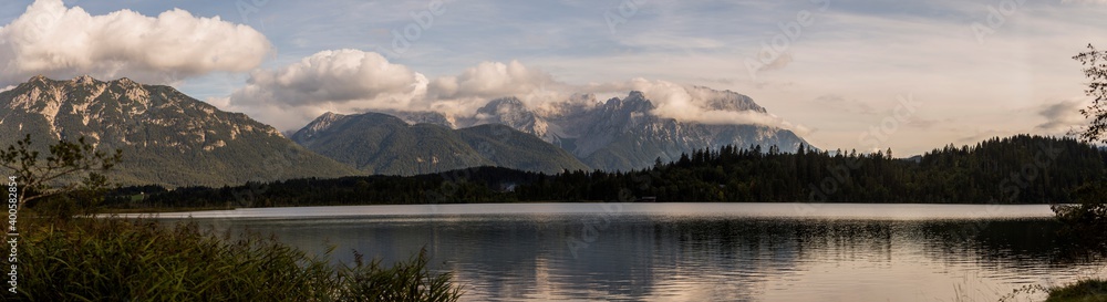Panorama of lake Barmsee, near Mittenwald in Bavaria, Germany