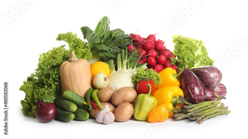 Different fresh ripe vegetables on white background