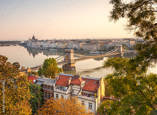 Photography View on Budapest and the famous Chain Bridge in the morning in autumn