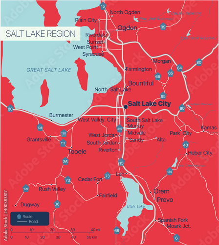 Salt Lake Region detailed editable map with cities and towns, geographic sites, roads, railways, interstates and U.S. highways. Vector EPS-10 file, trending color scheme