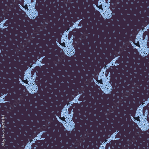 Exotic seamless pattern with blue whale shark silhouettes. Navy blue dotted background. Ocean print.