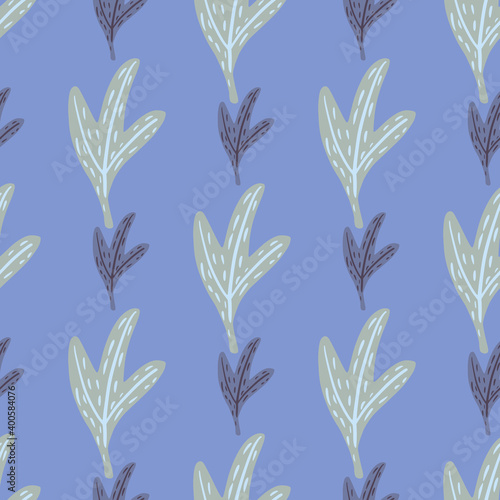 Grey tones hand drawn leaves seamless pattern. Nature botanical backdrop with blue background.